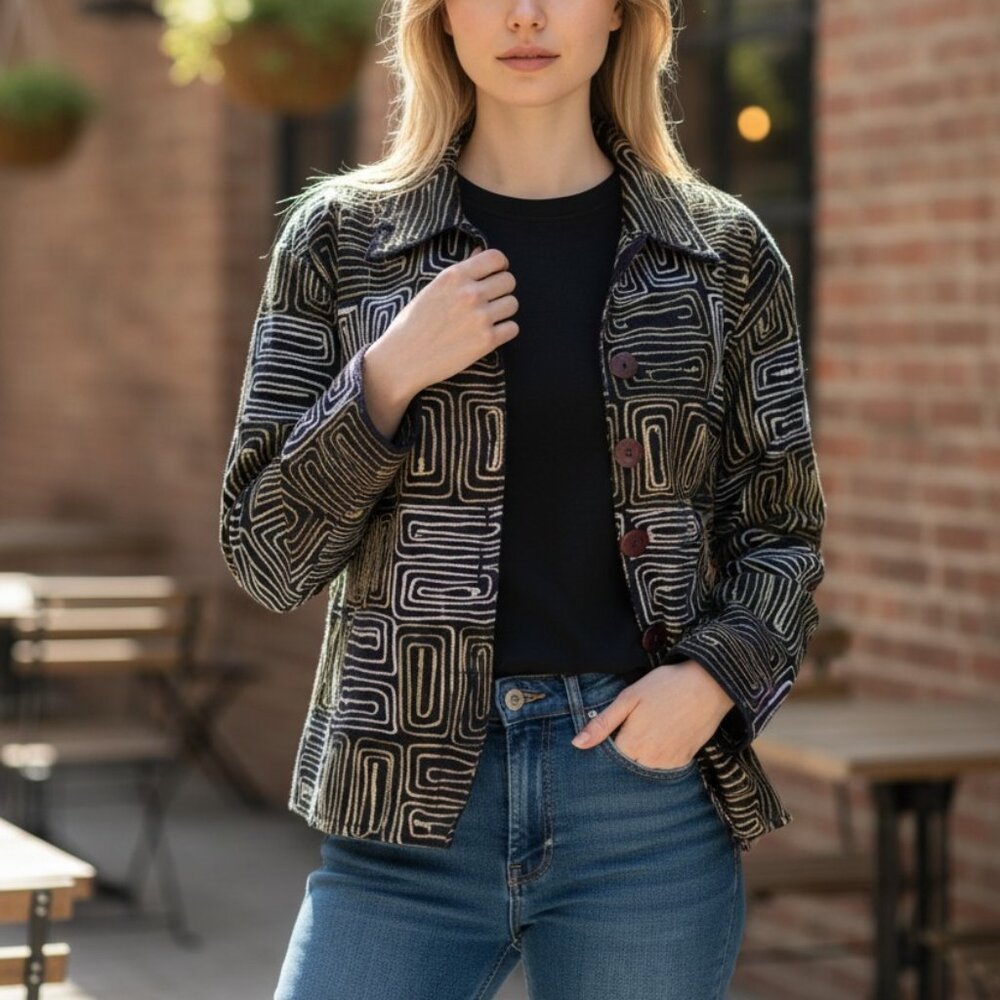 New Direction Embroidered Jacket Blazer Black Gold Silver OVERSIZED